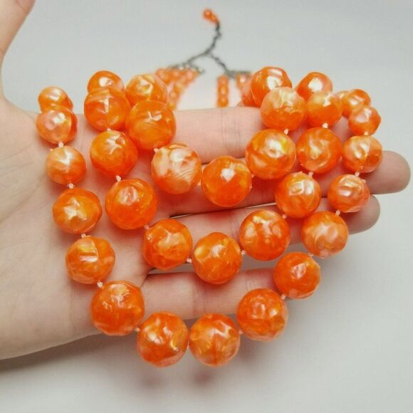 Vintage Bright Orange Three Strand Graduated Size Beaded Necklace, Adjustable - Picture 8 of 8